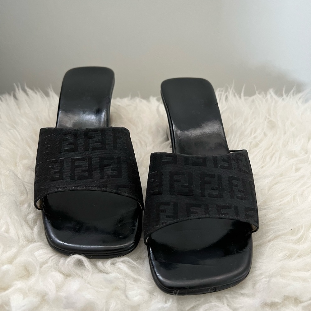 Vintage Fendi kitten heel sandal, black monogram size 8